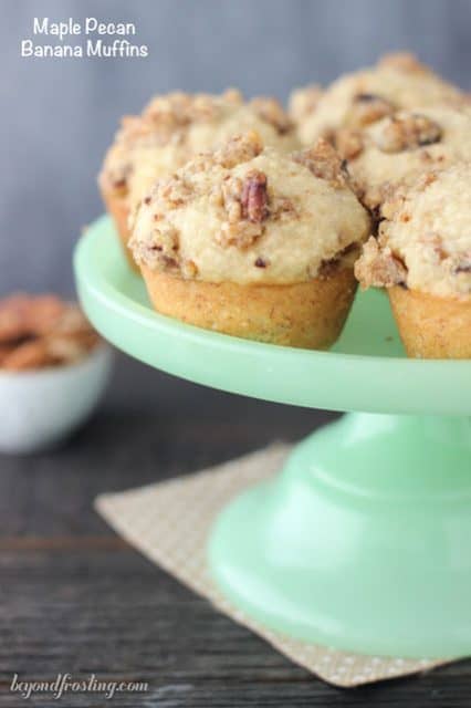 These Maple Pecan Banana Muffins are sweetened with maple syrup and topped with Sahale Snacks Maple Pecan Glazed Mix streusel.