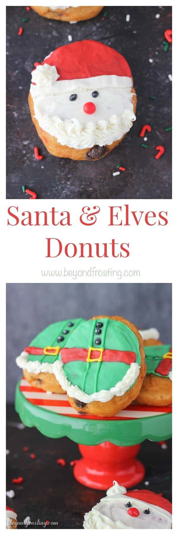 These Santa and Elves Donuts are made with Pillsbury Grands Biscuits, filled with a chocolate buttercream and decorated santa heads and elves.