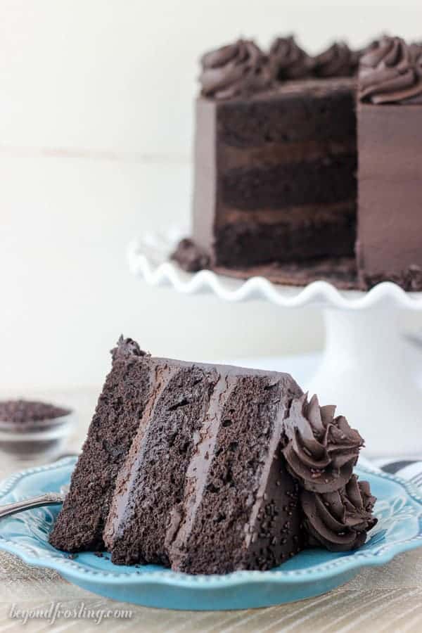 A side view of a slice of Chocolate Guinness Cake