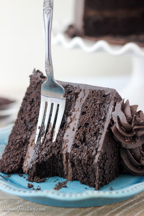 A slice of the Best Chocolate Cake with a bite taken out