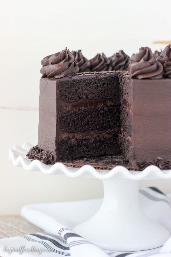 Homemade Chocolate Stout Cake on a white cake stand