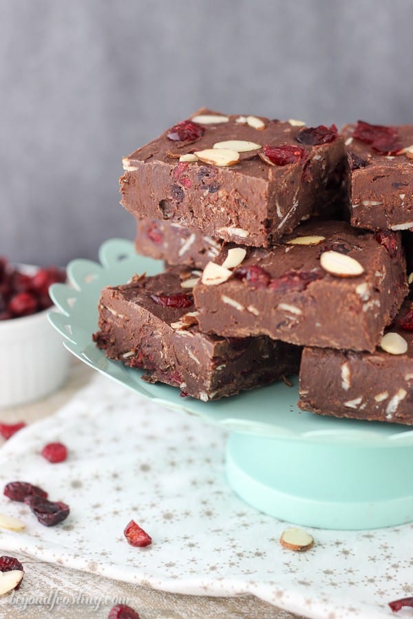 Easy Chocolate Cranberry Almond Fudge with an Orange zest. Best of all, there is not candy thermometer required.