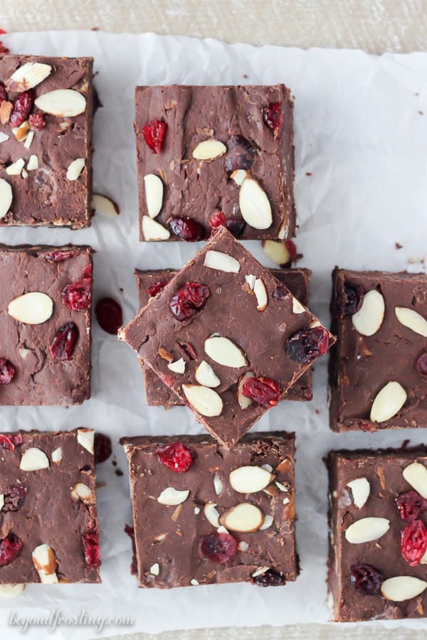 I love this Cranberry Almond Fudge! It is very simple. You just need to combine dark chocolate chips together with sweetened condensed milk. Best of all, there is no candy thermometer needed.