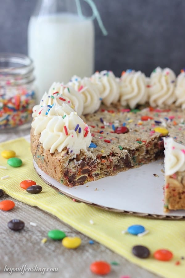 is an cake batter oatmeal cookie with MnMs and sprinkles. It’s topped with a little vanilla buttercream.