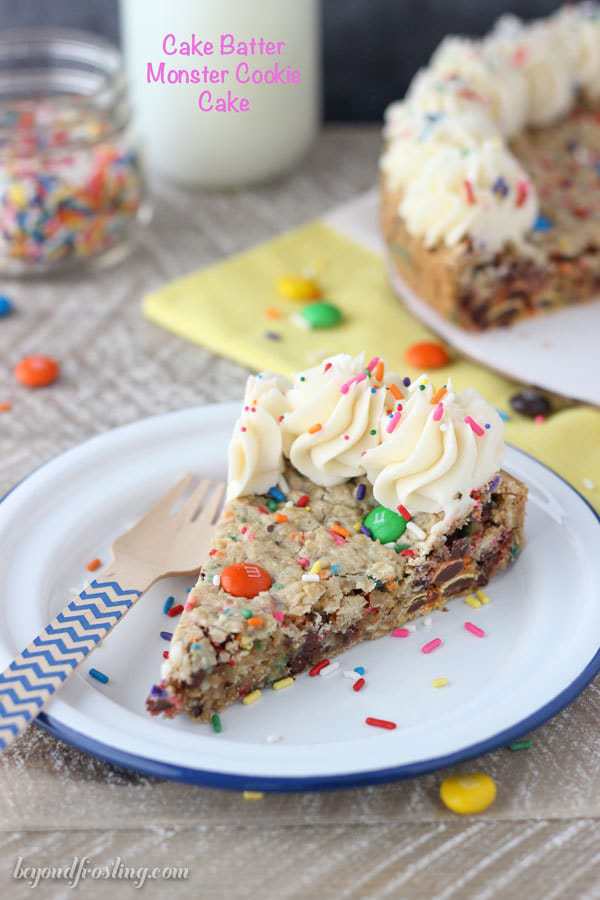 Grab a fork and sink your teeth into this CAKE BATTER MONSTER COOKIE CAKE. is an cake batter oatmeal cookie with MnMs and sprinkles. It’s topped with a little vanilla buttercream.