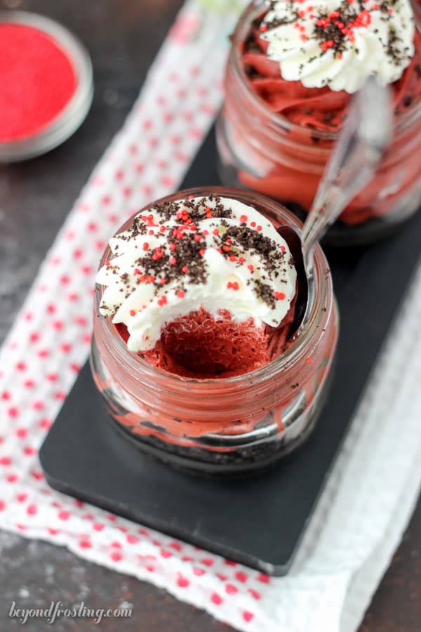 Easy No-Bake Red Velvet Cheesecake Shooters. Perfect for your next celebration!