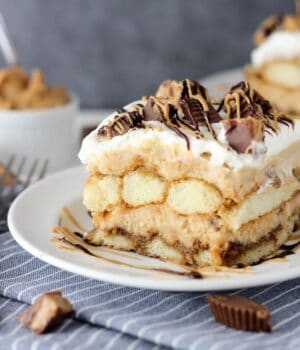 You'll need an extra big fork for this Peanut Butter Cup Tiramisu. This dessert is layers of espresso-soaked ladyfingers, peanut butter mousse and whipped cream. It's also loaded with Reese's Peanut Butter Cups, that's just a bonus.