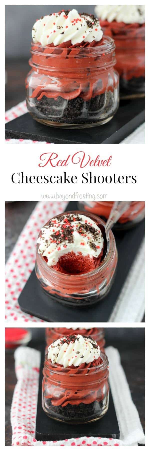 These Red Velvet Cheesecake Shooters have just the right amount of chocolate flavor. On the bottom, you’ve got a nice thick layer of Oreo cookies. Next, you have a smooth, red velvet no-bake cheesecake filling and it’s topped with a hint of whipped cream