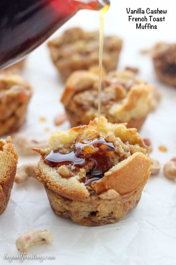 These Vanilla Cashew French Toast Muffins are baked to perfection. Loaded with maple syrup, vanilla beans and sweetened cashews, these French toast muffins never looked so good.