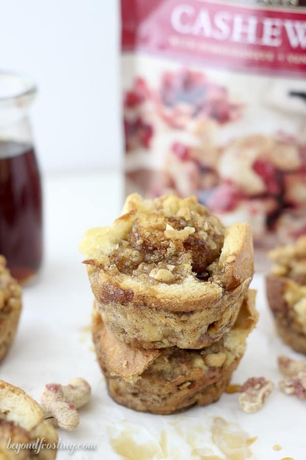 These Vanilla Cashew French Toast muffins are loaded with a secret ingredient. Shale Vanilla Pomegranate Cashew Glazed Nuts. #spon