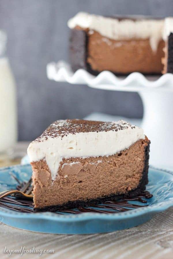 Loaded Chocolate Bailey's Cheesecake. This recipe is a keeper! It's spiked with Bailey's Irish cream in the cheesecake. It's even topped with a Bailey's Whipped Cream.