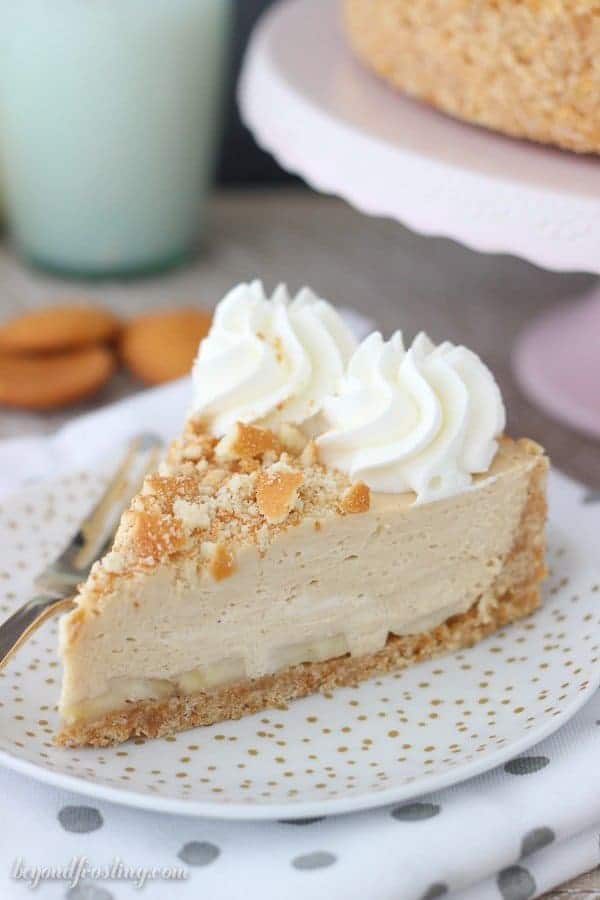 A Slice of No-Bake Peanut Butter Banana Pie on a Plate with Gold Polka Dots