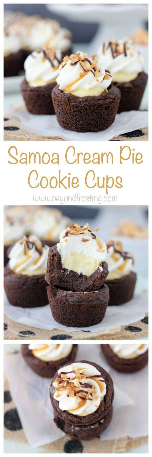 These Samoa Cream Pie Cookie Cups are a chocolate pudding cookie filled with a vanilla-caramel mousse and topped with whipped cream, toasted coconut and plenty of chocolate sauce and caramel. These are the next best thing besides samoa cookies