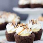 These Samoa Cream Pie Cookie Cups are a chocolate pudding cookie filled with a vanilla-caramel mousse and topped with whipped cream, toasted coconut and plenty of chocolate sauce and caramel. These are the next best thing besides samoa cookies.