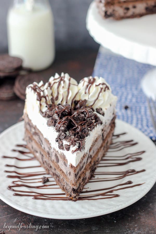 Slice of icebox cake drizzled with chocolate