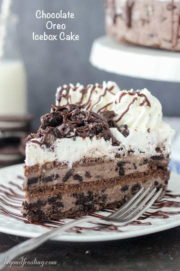 Icebox cake slice on a plate with a fork