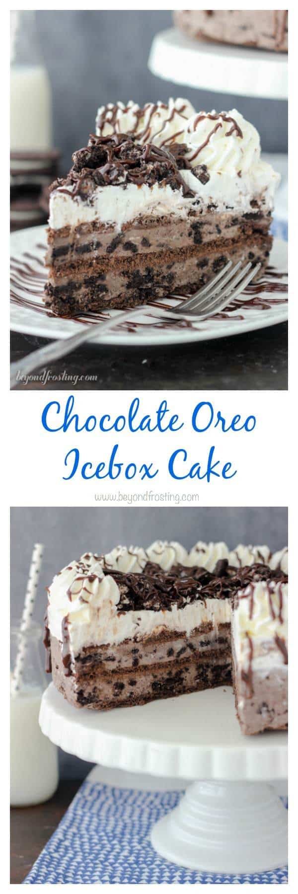 Cut yourself a big slice of this Chocolate Oreo Icebox Cake! The layers of chocolate Oreo mousse, chocolate graham crackers and whipped cream. Be sure to through a handful of Oreos and hot fudge sauce on top. Grab the recipe at beyondfrosting.com