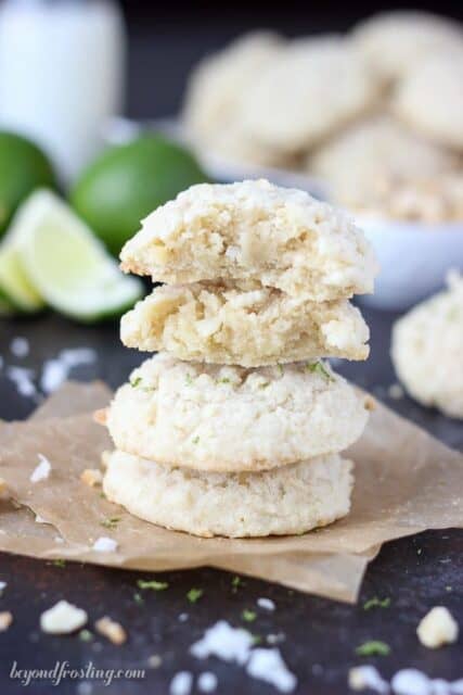 These chunky Coconut Lime Cookies are the perfect summer treat. The soft cookies are loaded with sweetened coconut and lime zest.Grab the recipe at www. beyondfrosting.com