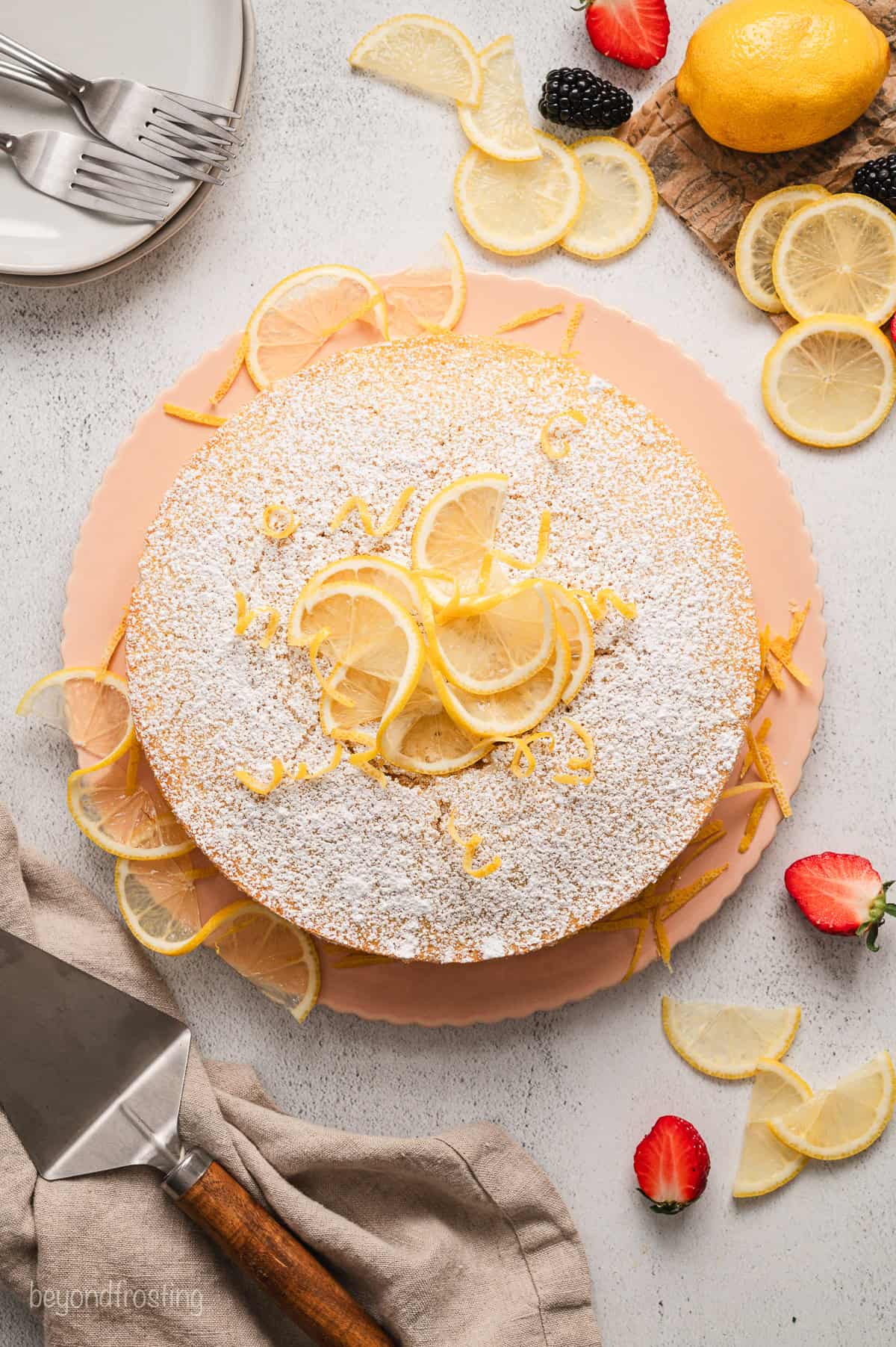 Overhead view of a lemon olive oil cake dusted with powdered sugar and garnished with lemon slices and zest.