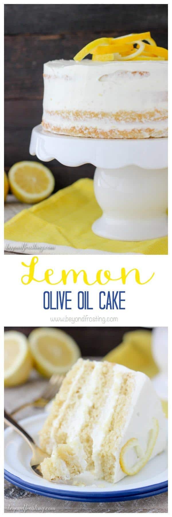 This rich Lemon Olive Oil Cake is covered with a lemon cream cheese whipped cream. The olive oil cake is extra moist and dense in texture. The lightened whipped cream frosting is infused with lemon is the perfect compliment for this cake.