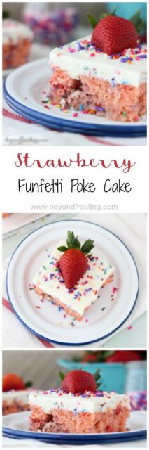 This Strawberry cake is soaked with sweetened condensed milk and topped with Funfetti whipped cream. The marriage of strawberry and Funfetti has never been so mouthwatering!