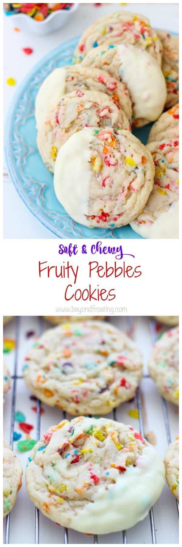 These super fun Fruity Pebbles Cookies are a soft-baked sugar cookie stuffed with fruity pebbles and dipped in white chocolate.