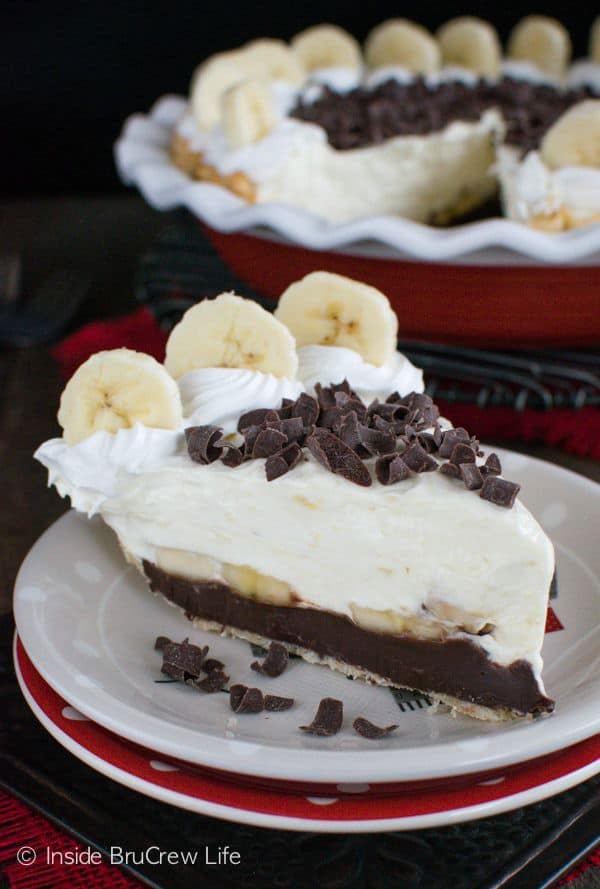 A Slice of Fudge Bottom Banana Cream Pie on a Plate