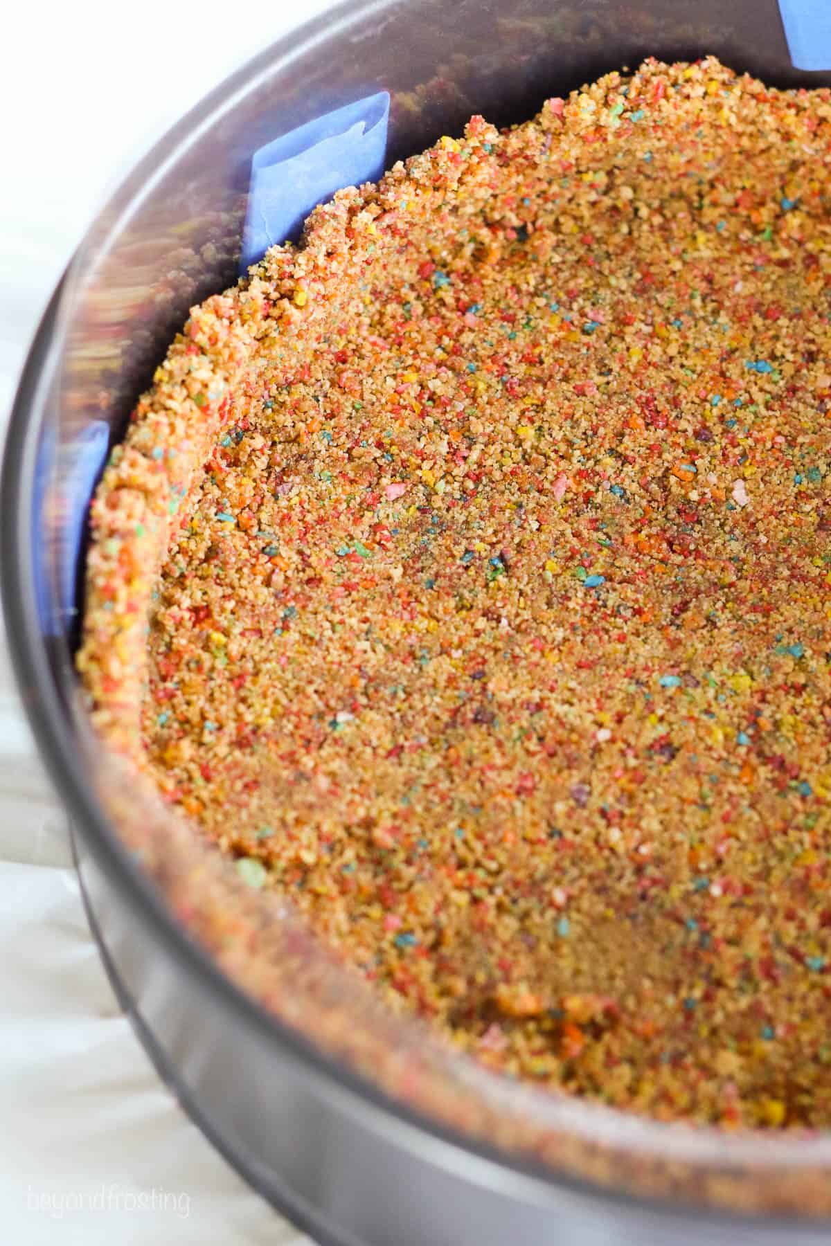 Fruity pebble crust pressed into a pan