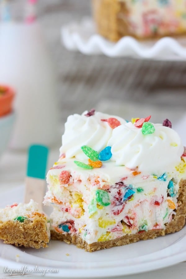 This No-Bake Fruity Pebbles Cheesecake is a Nilla Wafer crust with a light no-bake cheesecake filling and plenty of Fruity Pebbles inside.
