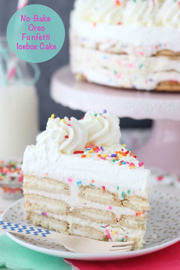 Summertime is not complete with No-Bake Oreo Funfetti Icebox Cake! Layers of Golden Oreos, Funfetti Mousse and whipped cream. 