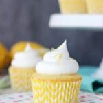 A pretty lemon cupcake with a lemon chevron cupcake liner
