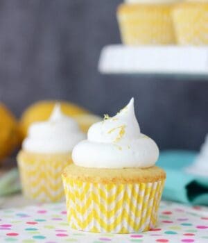 A pretty lemon cupcake with a lemon chevron cupcake liner