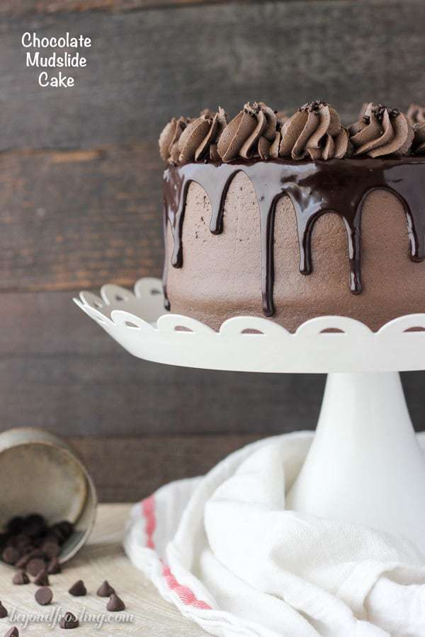 Chocolate Mudslide Cake on a White Cake Stand