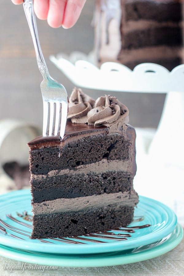 Image of a Fork in Chocolate Cake With Ganache 