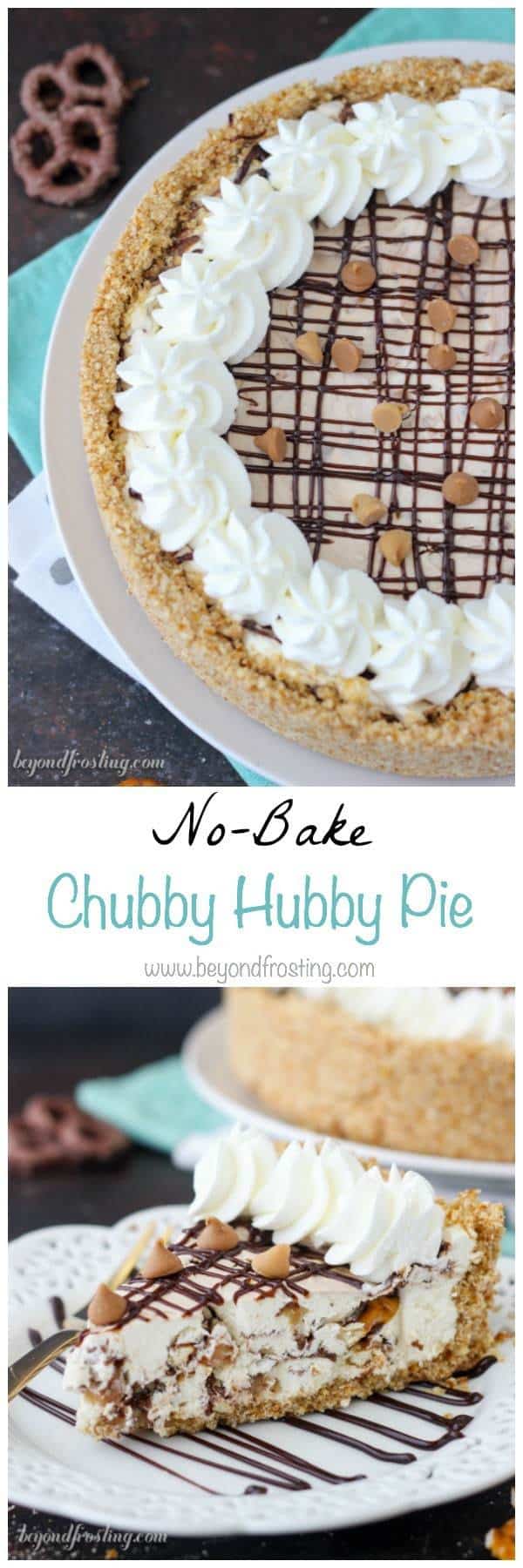 This No-Bake Chubby Hubby Pie is a salty pretzel crust with a vanilla malt filling with chocolate covered pretzels, peanut butter chips and a hot fudge swirl. If you love the Ben and Jerry’s Chubby Hubby Ice Cream you’ll love this pie! Grab the recipe at beyondfrosting.com
