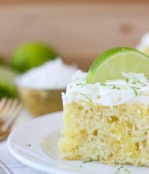 This Coconut Lime Poke Cake is a vanilla cake, with coconut milk, loaded with fresh lime and topped with a coconut whipped cream.
