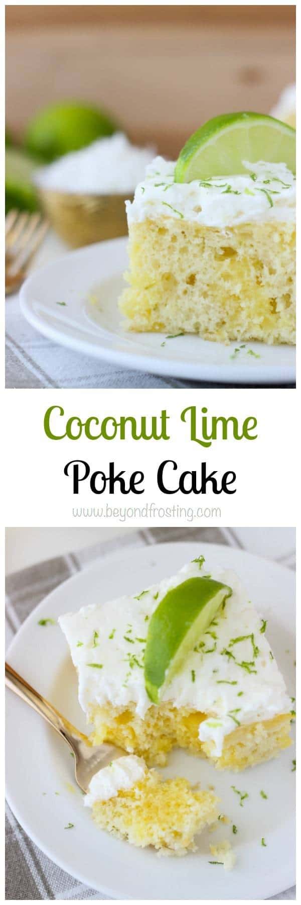 This Coconut Lime Poke Cake is a vanilla cake, with coconut milk, loaded with fresh lime and topped with a coconut whipped cream. It's such a refreshing summer cake!