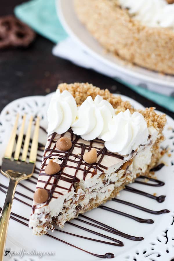This No-Bake Chubby Hubby Pie is a salty pretzel crust with a vanilla malt filling with chocolate covered pretzels, peanut butter chips and a hot fudge swirl. If you love the Ben and Jerry’s Chubby Hubby Ice Cream you’ll love this pie! Grab the recipe at beyondfrosting.com