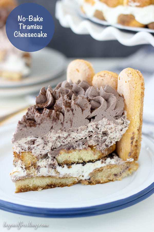 A fun twist on a classic dessert, this No-Bake Tiramisu Cheesecake I layers of espresso and Kahlua soaked ladyfingers with a mascarpone mousse filled with chocolate covered espresso beans. It's topped with a chocolate whipped cream. Grab the recipe at beyondfrosting.com