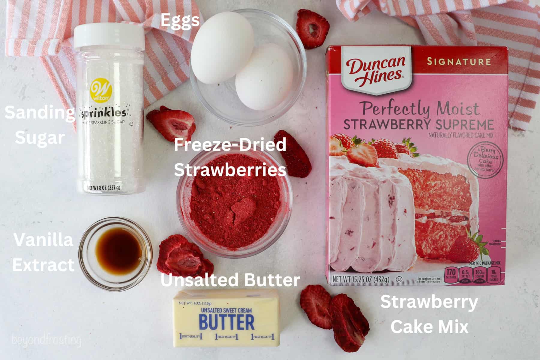 Ingredients for strawberry cake mix cookies with text labels overlaying each ingredient.