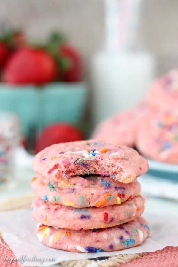 Grab a strawberry cake mix and make a batch of the Strawberry Funfetti Cake Mix Cookies. Soft and chewy strawberry cookies loaded with sprinkles.