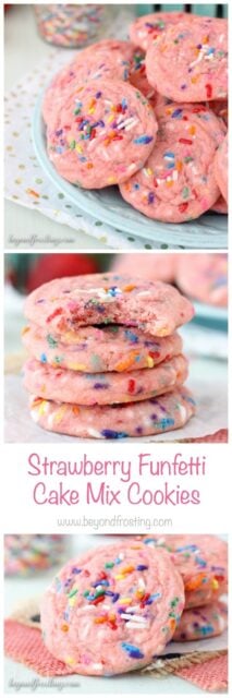These Strawberry Funfetti Cake Mix Cookies are a chewy strawberry cookie made with cake mix and loaded with sprinkles.