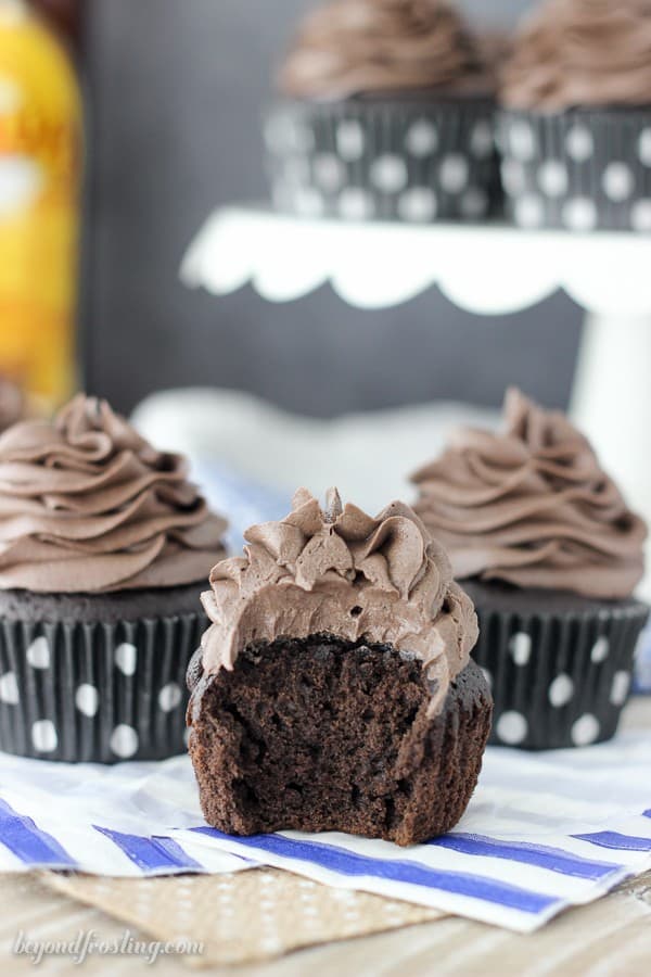 The chocolatey Kahlua cupcakes are so easy! The whipped chocolate frosting is infused with some espresso and Kahlua. Grab the recipe at beyondfrosting.com