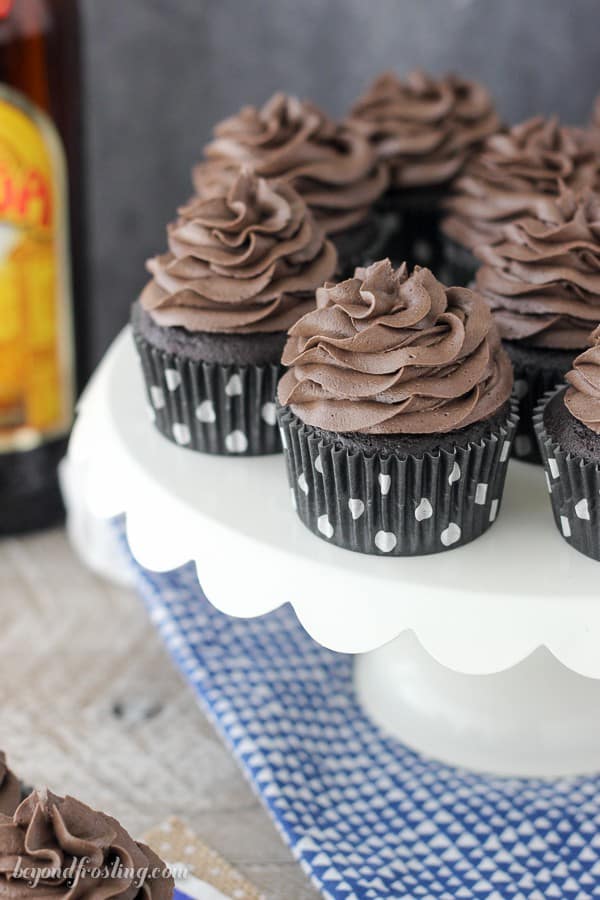 These cake mix Kahlua cupcakes are extra chocolatey, loaded with Kahlua and topped with an espresso infused with espresso.