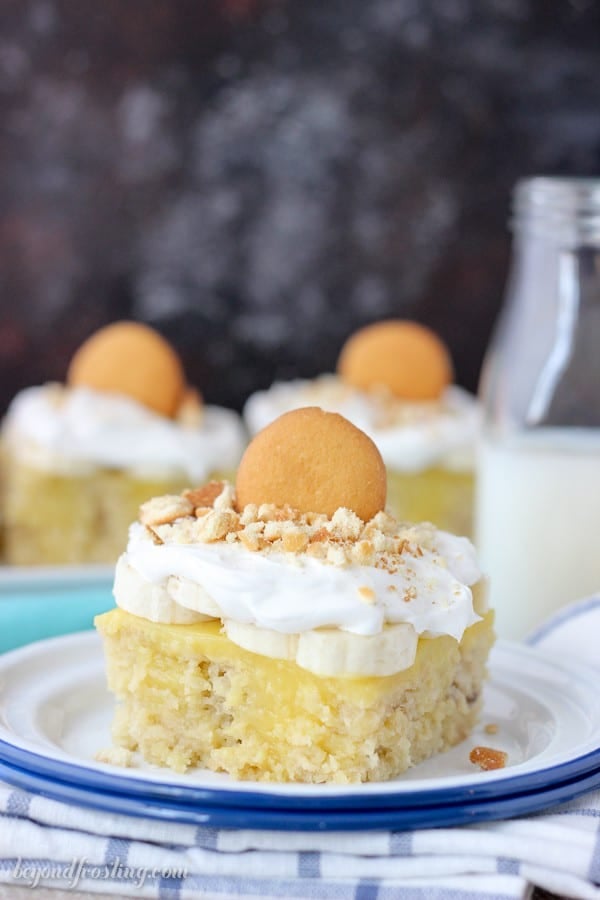 If you’re craving banana pudding, look no further. This Easy Banana Pudding Poke Cake starts with a doctored cake make using mashed bananas, brown sugar and buttermilk. Then it’s filled with a quick vanilla pudding and topped with bananas, whipped cream and Nilla wafers.