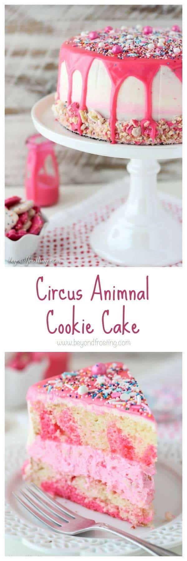 If you like Circus Animal Cookies, you will love this cake! It’s an easy vanilla tye dye cake, vanilla buttercream and Circus Animal cookies. It’s covered in a pink chocolate ganache and sprinkles. 