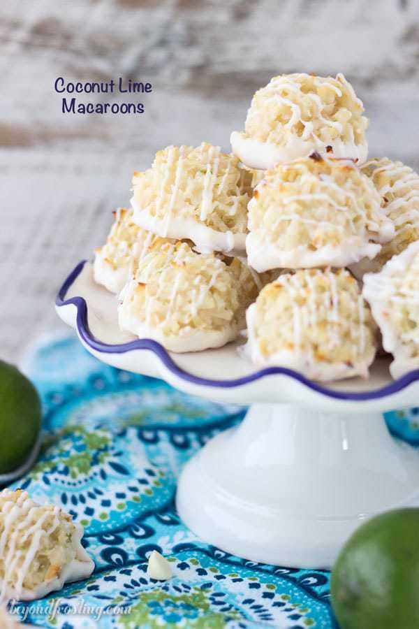 Quick and easy white chocolate coated Coconut Lime Macaroons. Just 7 simple ingredients, these come together in less than 10 minutes. The fresh lime zest is the perfect compliment to this recipe.