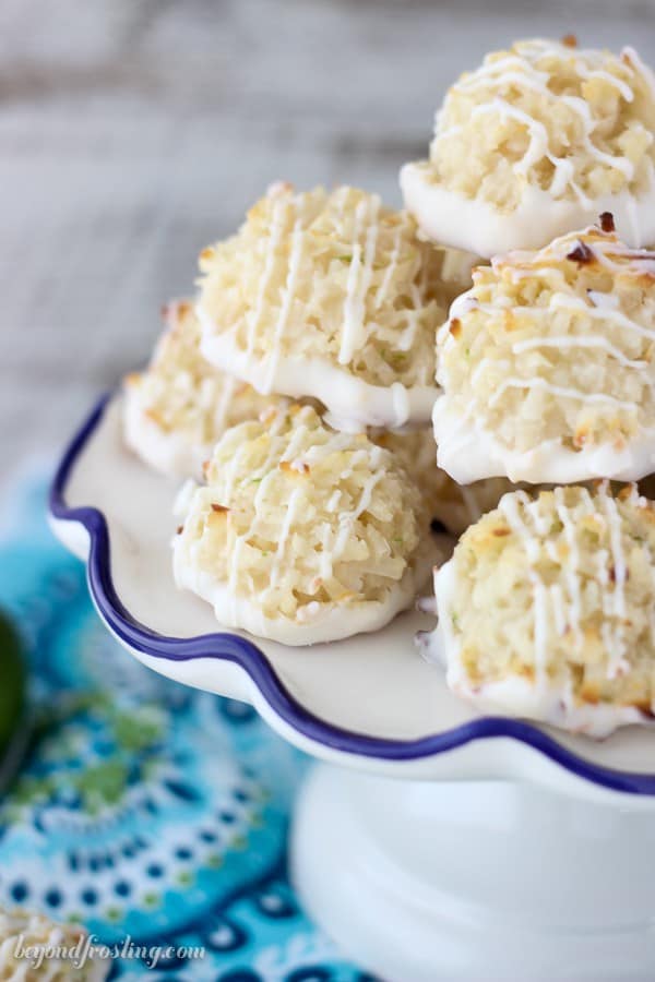 A gooey coconut macaroons infused with lime and dipped in white chocolate. You just need 7 simple ingredients for these, the main ingredients being shredded coconut and sweetened condensed milk and lime.