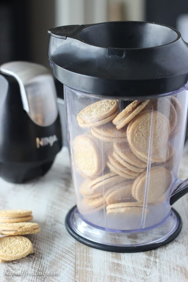 A Ninja food processor filled with Golden Oreo cookies