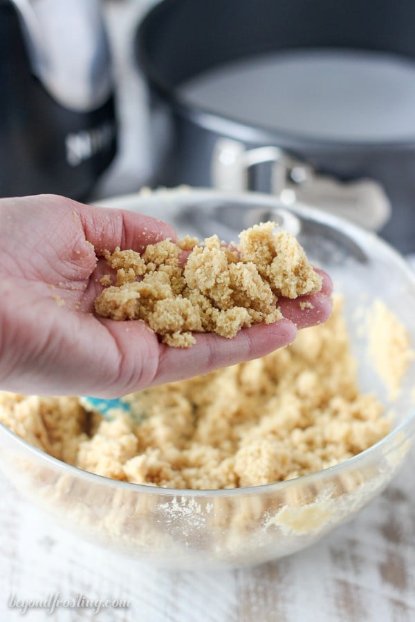 A handful of butter coated cookie crumbs being pressed together